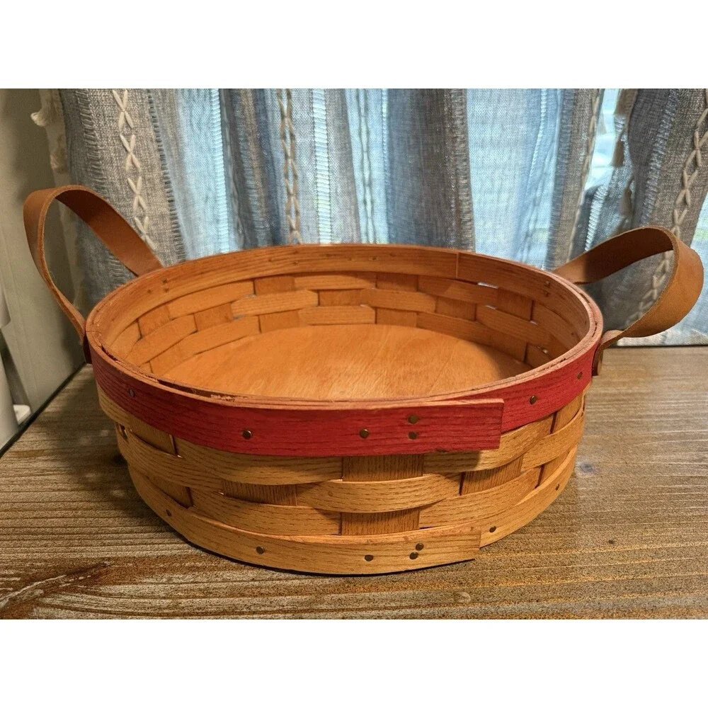 PETERBORO BASKET CO. ROUND BASKET WITH LEATHER HANDLES 12” Diameter